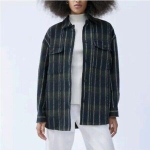 Aritzia BABATON Joan Oversized Shirt Jacket Navy Green Tweed Plaid Shacket Sz 1